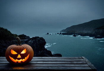 One spooky halloween pumpkin, Jack O Lantern, with an evil face and eyes on a wooden bench, table with a misty gray coastal night background with space for product place