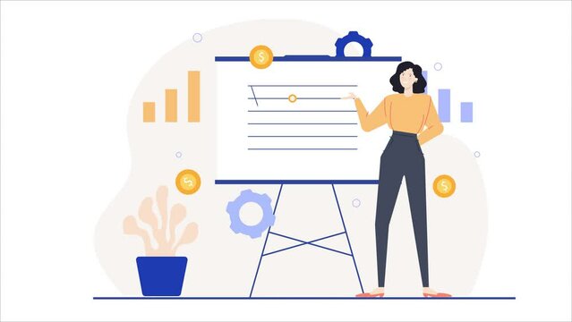 a woman with statistic on slide isolated. business animated illustration. business animation video