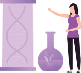 The girl is pointing at the structure of DNA.