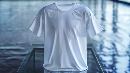 Sleek glass surface features a high-resolution image of a plain empty white t-shirt.