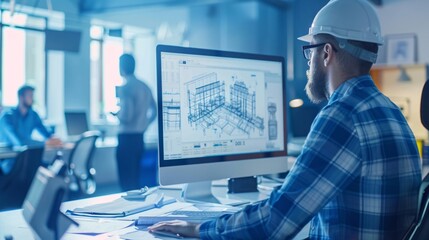 Professional architect designer structural engineer working in an office on a computer on a building plan project design