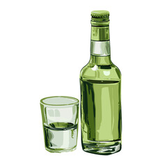 green glass bottle and a glass filled with a light-colored beverage on a white surface