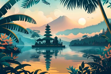 Illustration of Bali Island with Balinese Hindu Temple, World Travel, Paradise