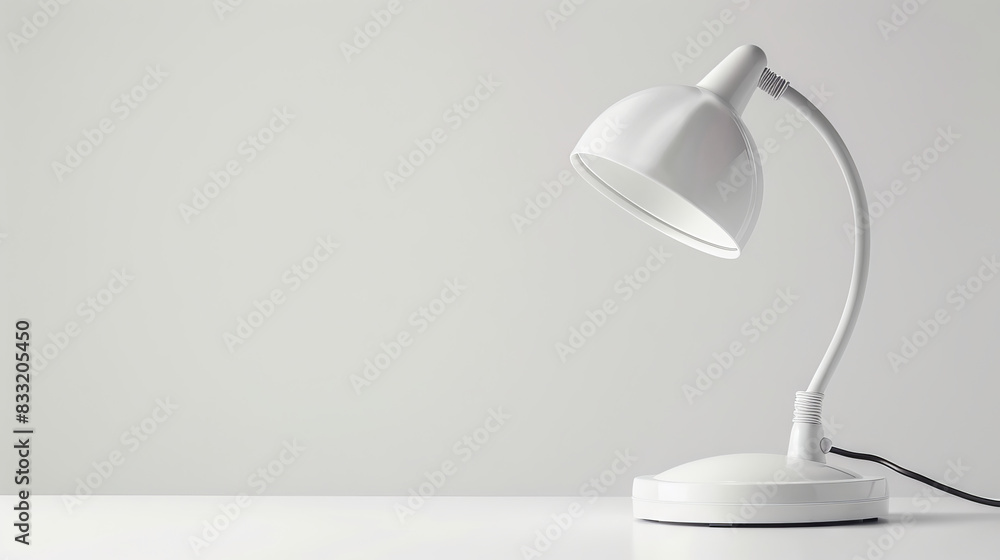 Poster white desk lamp on a white table. minimalist white desk lamp with a blank background, perfect for ad