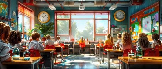 Fototapeta premium Hyper-realistic Classroom Science Experiment - Students Engaged in Discovery and Exploration with Safety Goggles in Natural Light Setting