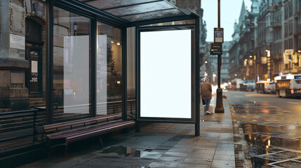 Fototapeta premium Bus stop in a historical city setting with a thin vertical blank billboard.