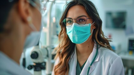modern clinic with vibrant decor, a female eye doctor and patient, both wearing masks, discuss treatment options for vision issues