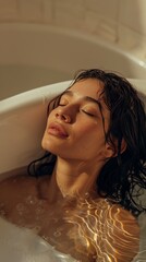 Obraz premium A woman is in a bathtub, looking relaxed and peaceful
