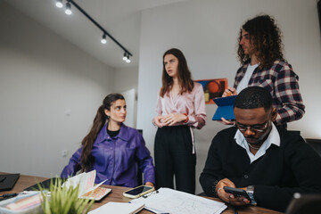A diverse group of colleagues collaboratively engaged in a strategic discussion, focusing on business growth and problem-solving in an office setting.