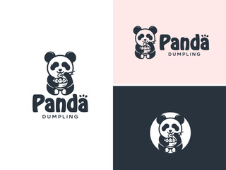 A cute panda sitting eating dimsum dumpling gyoza jiaozi shumai xiao long bao mandu from bowl with chopsticks. Mascot logo design for asian chinese korean japanese oriental cuisine restaurant.