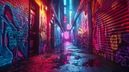 Vibrant neon-lit graffiti alley at night, featuring colorful artwork and reflections on wet pavement.