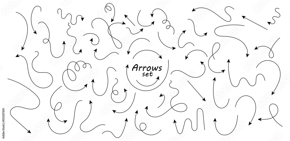 Poster set of hand drawn thin line arrows. collection of curved pointers. black vector pointers pointing in