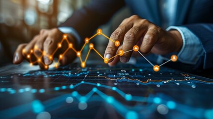 Businessmen touch the glowing arrow line chart of business growth and success, stock concept. The background shows business growth and success,