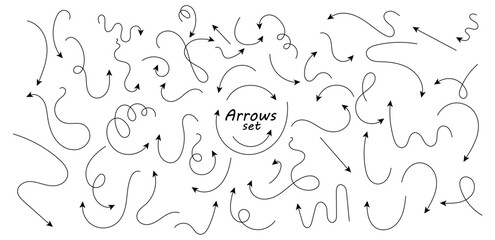Set of hand drawn thin line arrows. Collection of curved pointers. Black vector pointers pointing in different directions. Simple design elements of a signpost showing a confusing complex path