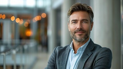 Fototapeta premium Male professional portrait in business casual attire against a modern office background