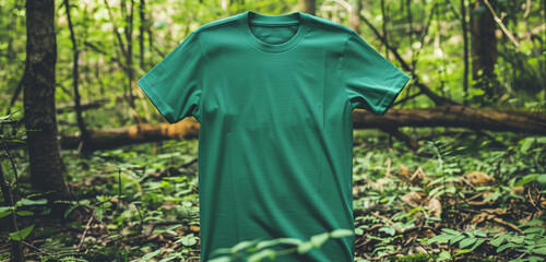 High-definition emerald green t-shirt mock-up displayed against a lush forest backdrop.