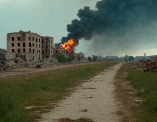 Naklejka premium Burning Buildings with Thick Black Smoke in War-Torn Urban Area
