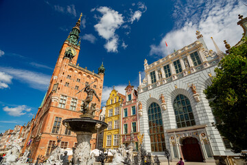 Gdansk, Poland. Artus Court, Neptune's fountain and Town Hall