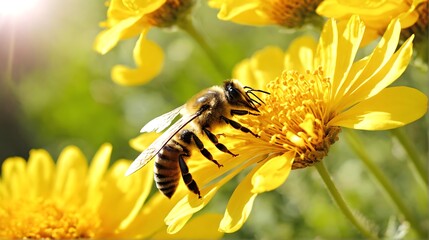 Macro view of a bee on a yellow wildflower. Insect. Nature. Flower. Blossom. Summer. 3