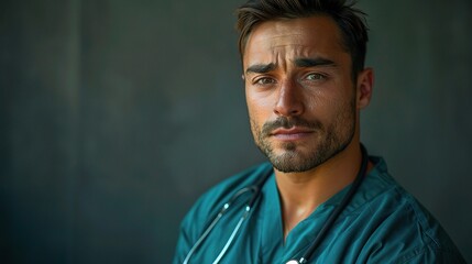 Fototapeta premium Medical professional portrait of a male dentist in scrubs with dental tools, copy space