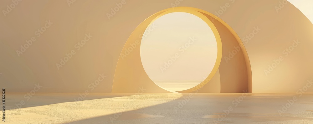 Poster Abstract background for product presentation with empty space in the middle and a round tunnel door on one side, in a light beige color
