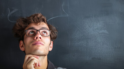 Thoughtful student pondering problem on blackboard. Image of a pensive young man with glasses contemplating a solution against a chalkboard background, perfect for education or brainstorming concepts.