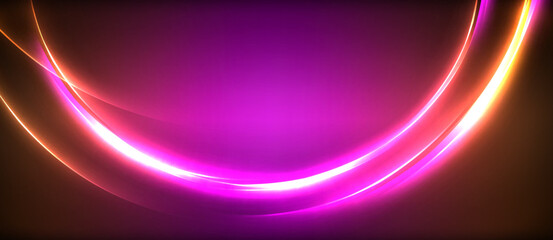 Neon glowing circle rays, light round lines in the dark, planet style neon wave lines. Energetic electric concept design for wallpaper, banner, background