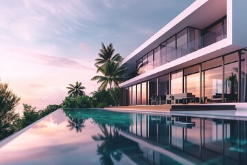 Luxurious outdoor poolside area at sunset, modern house with glass walls, tropical palm trees reflecting in water