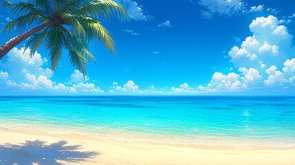 Obraz premium A pristine sandy beach stretches into the distance, framed by crystal-clear turquoise waters and a cloudless sky. Palm trees sway gently in the ocean breeze, adding a tropical touch to the scene.