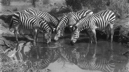 Burchell's Zebra, equus burchelli, Herd Drinking at the Water Hole, Tsavo Park in Kenya 