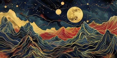 Obraz premium Golden Abstract Mountainscape Art Nouveau Japandi Lines