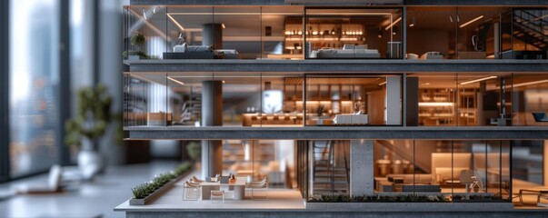 Miniature section model of a multi floor building under construction, detailed interior and exterior, visible structural elements