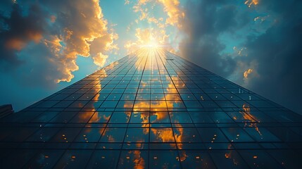 A towering skyscraper reflects the vibrant sunset sky, creating a stunning display of colors and light.