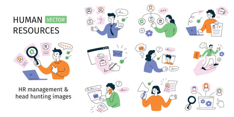 HR and recruitment set, employees searching for job, hiring candidates, vector illustrations of job interview, cv, human resources management, cartoon people head hunting and team building