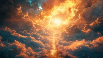 Pathway leading to the heavens, surrounded by ethereal clouds, symbolizing enlightenment and spirituality, with a radiant light at the end