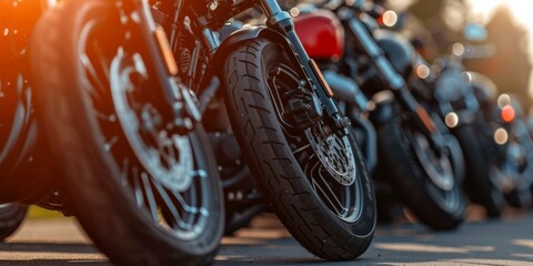 Motorcycle Wheels Lined Up at Sunset - Chrome and Rubber on the Open Road