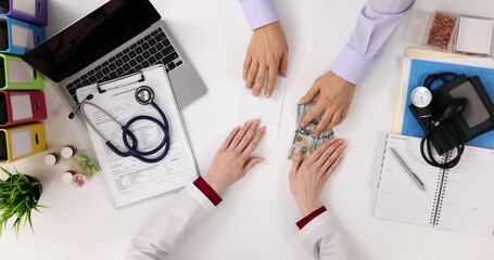 Doctor sells medical prescription to patient and receives money. - Powered by Adobe