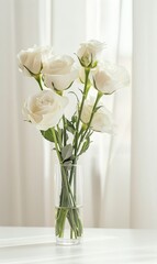 Simple bouquet of flowers on a minimalist table, understated celebration setting, muted background