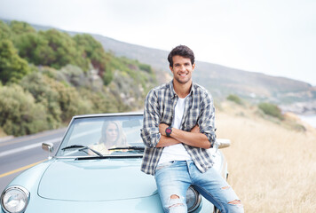 Portrait, couple and man on road trip on car for travel, vacation or holiday outdoor in Germany....