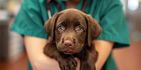 A dog is being held by a person in a green shirt