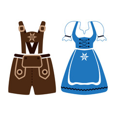 Dirndl and Lederhose. Traditional costumes of Bavaria. Women's dress and men's leather shorts. Oktoberfest. Traditions of Germany. Vector illustration isolated on a white background.