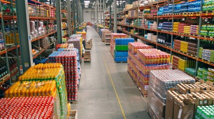 Vast Warehouse Interior Stocked with Colorful Beverage Products and Supplies