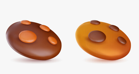 Set of round cookies with chocolate in realistic glossy 3d style. Bright cute dessert vector illustration.