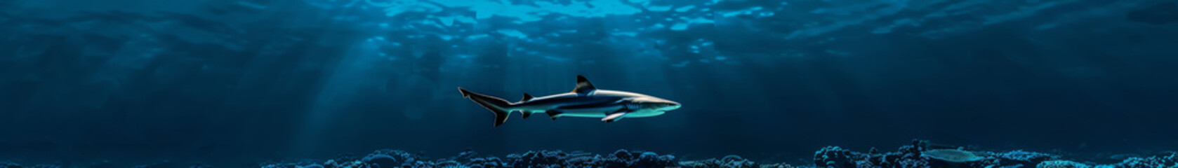 Fototapeta premium Lone Reef Shark Near Coral Bed with Sunlight Rays Underwater