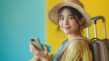Fototapeta premium young traveler Asian woman hand using smartphone credit card on yellow background or isolated in vacation
