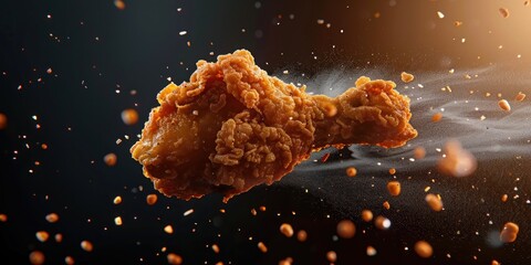 A spicy crispy fried chicken is flying in the air.