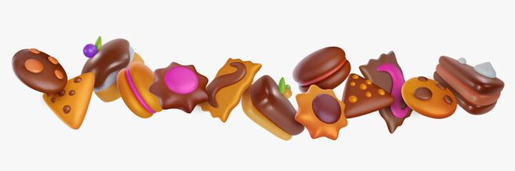 3d various cartoon sweet dessert. Bright realistic composition with cakes and cookies in child glossy style. Vector illustration.