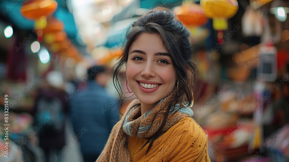 Poster  beautiful woman in a casual yet stylish outfit, smiling and walking through a vibrant market