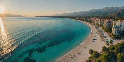 Fototapeta premium A stunning, expansive view of the beach in the Turkish resort of Antalya. A white line of surf divides the tranquil turquoise sea from Konyaalti beach, adorned with lush green parks and framed