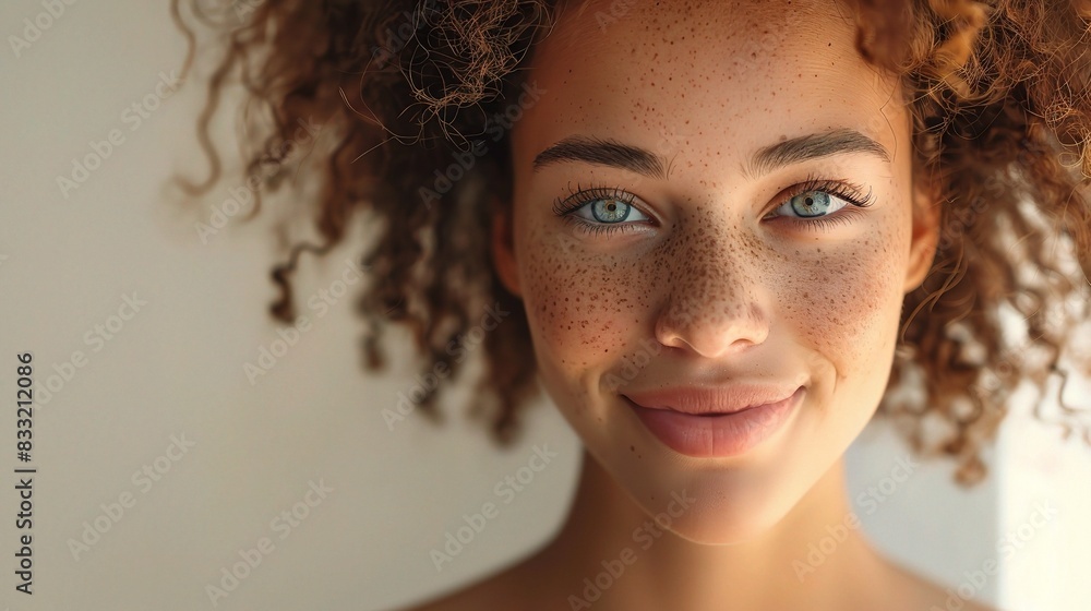 Poster beautiful young woman with a glowing complexion, her smile bright